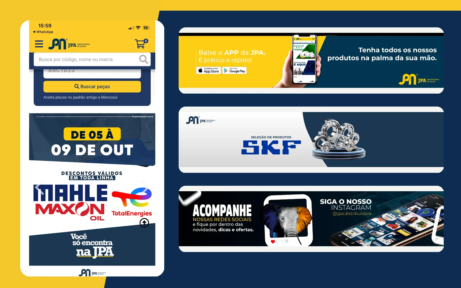 Composição com o portal B2B da JPA Distribuidora e peças visuais desenvolvidas para o e-commerce