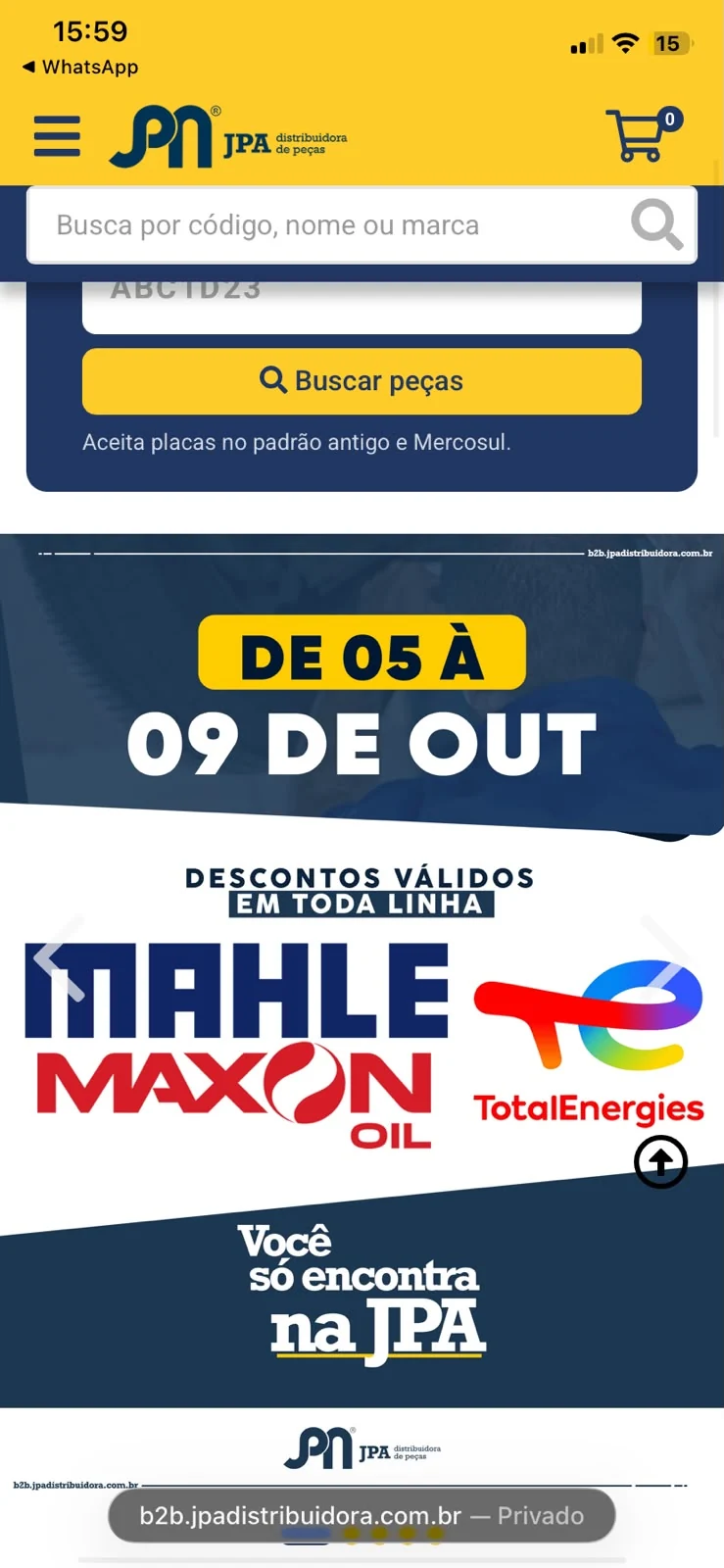 Detalhe da interface mobile do e-commerce B2B da JPA Distribuidora