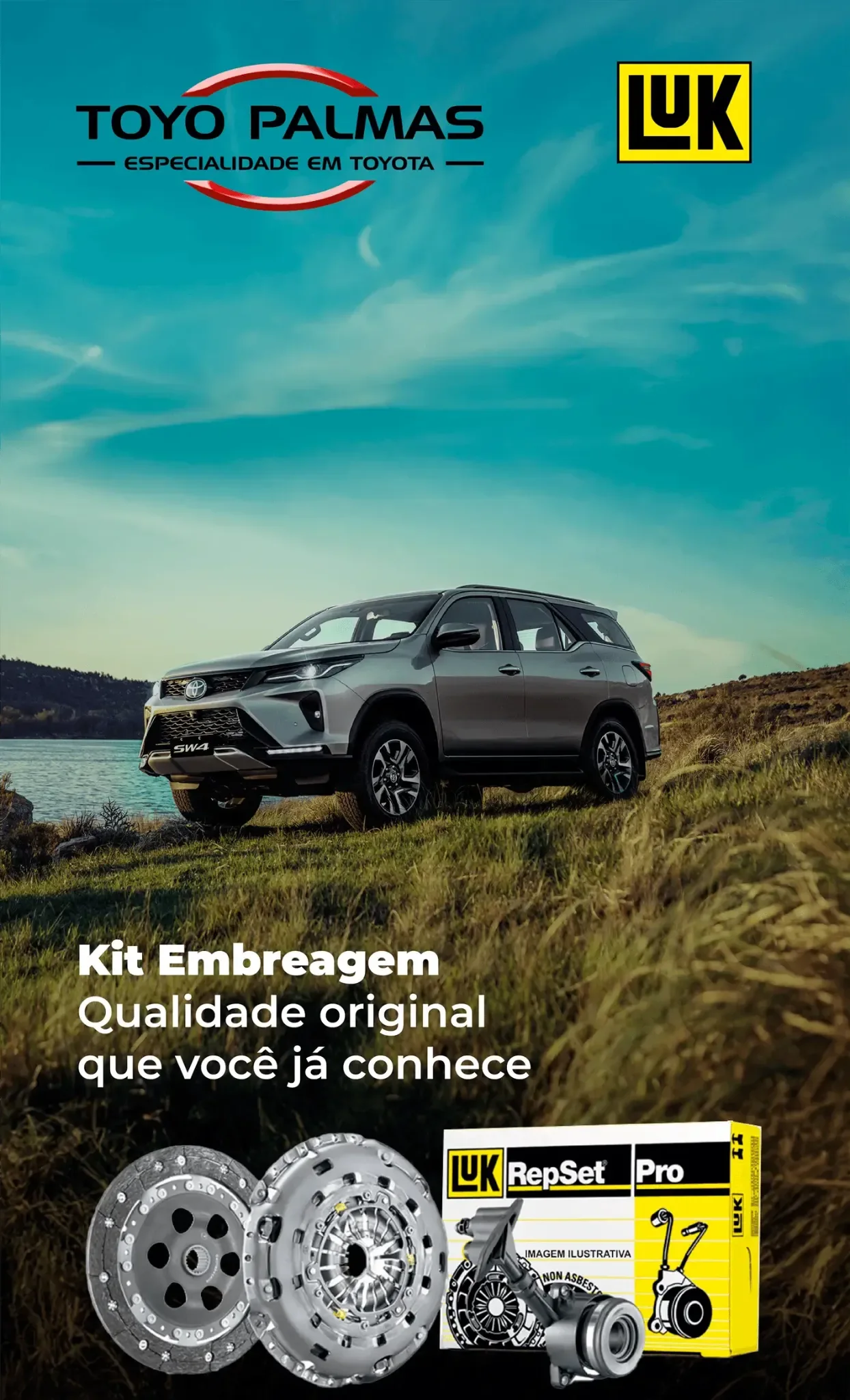 Banner promocional LuK para o Toyo Palmas com kit de embreagem e Toyota SW4